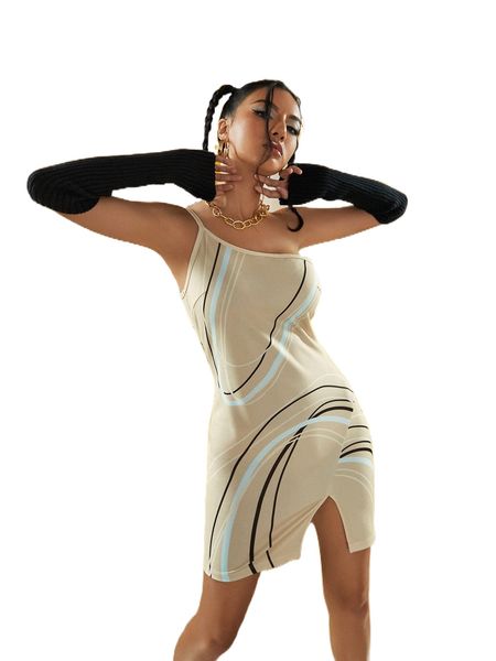 

x valerie hsin graphic print one shoulder split hem dress i6rj#, Black;gray