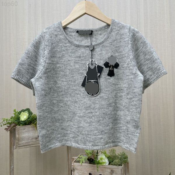 

women's t-shirt designer crow * cow goods early spring new fashion pasted leather cross round neck wool knitted short thin blouse women, White