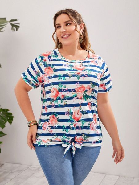 

emery rose plus floral print knot hem tee 92dd#, Black