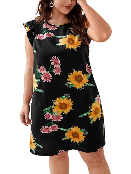 

plus sunflower print tie backless ruffle armhole dress f7d8#, Black