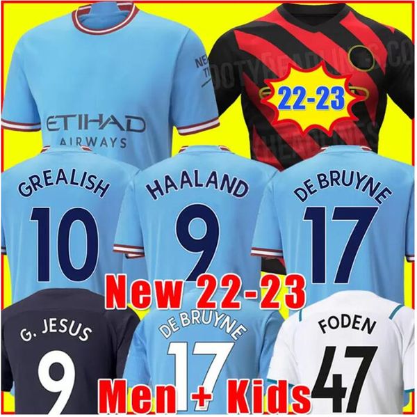 

22 23 haaland soccer jerseys grealish sterling mans cities mahrez fans de bruyne foden 2022 2023 football shirt kids kit sets uniform, Black;yellow