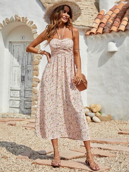 

allover floral print cut out shirred back halter neck dress i976#, Black;gray