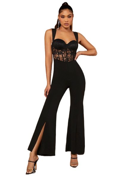 

bae contrast lace bustier split thigh cami flare leg jumpsuit o6yw#, Black;white