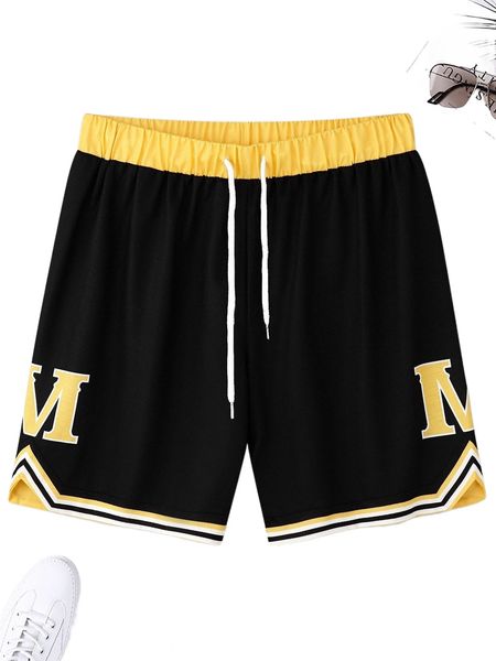 

men letter graphic contrast trim drawstring waist shorts z2pi#, White;black