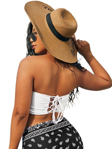 

plus lace up back bandeau bikini w9el#, Black