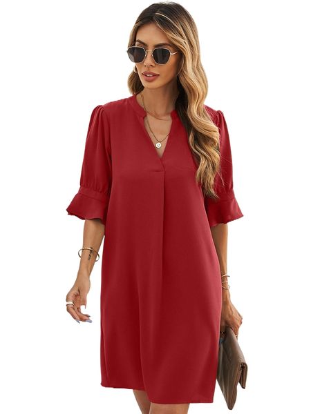 

notched neck flounce sleeve tunic dress h9jq#, Black;gray