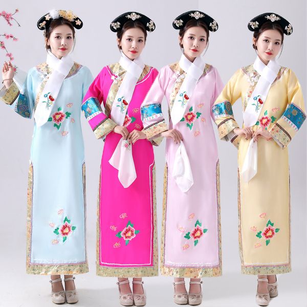 

ancient china qing dynasty ethnic clothing girl manchu princess royal cheongsam empress robe with hat oriental gege gown cosplay women, Red
