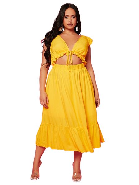 

plus cut out tie front ruffle hem dress s8oj#, Black
