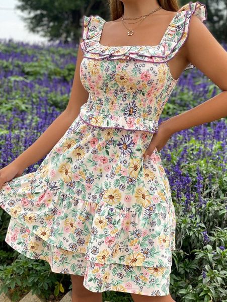 

floral print shirred cut out back layered hem dress x5ln#, Black;gray
