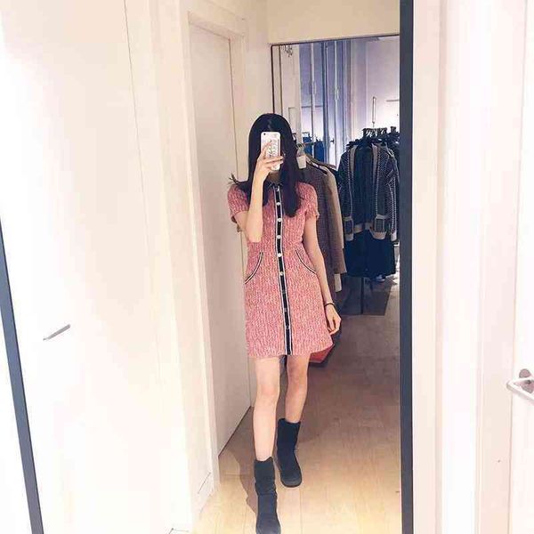 

fadan maje spring and autumn products small fragrance single breasted trim slim fit women's short sleeved woolen dress, Black;gray