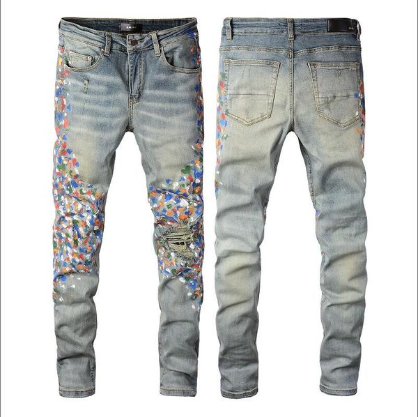 Jeans de alta qualidade angustiados Rapped Biker Calças Slim Fit Motorcycle Denim Pant Jeans Designer Jeans Tamanho 28-40#089