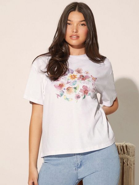 

floral & butterfly print drop shoulder tee d50p#, White