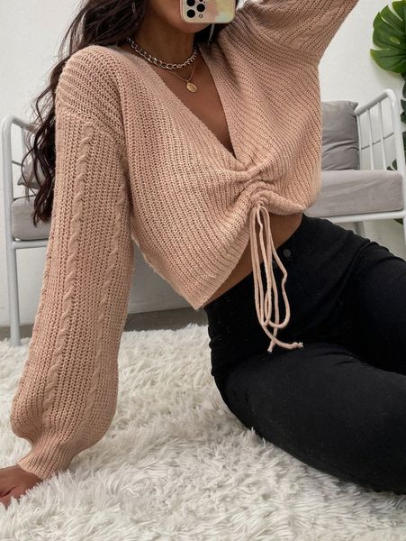 

lantern sleeve drawstring ruched front sweater 38zf#, White;black