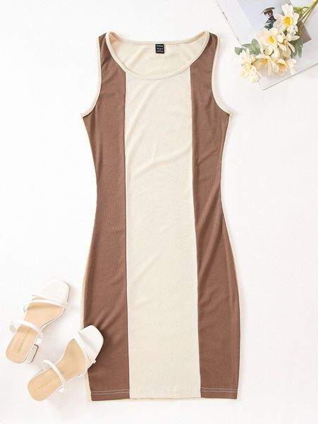 

two tone rib knit tank dress z8k6#, Black;gray