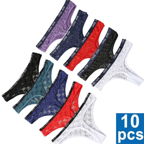 

10psc women's thong lace solid color underwear soft comfortable underpants pantys intimates lingerie low-waist g-string 220426, Black;pink