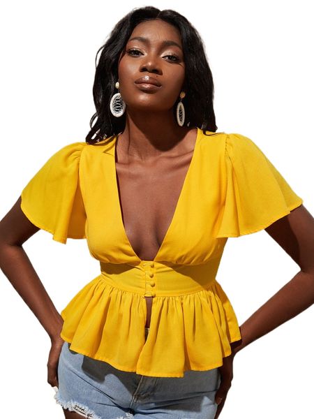 

butterfly sleeve plunging neck peplum blouse o6c2#, White