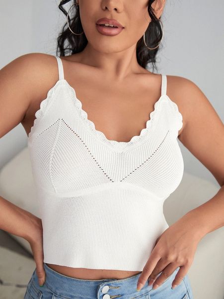 

solid scallop trim knit cami 95q0#, White;black