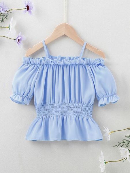 

toddler girls cold shoulder puff sleeve shirred ruffle trim blouse she, White;black