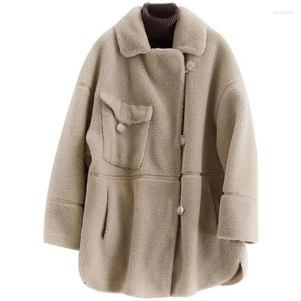 Kadın Yün Karışımları 2022 Takım elbise uzun fon yaka palto gevşek koyun kesme deri ve kürk ceket Bery22