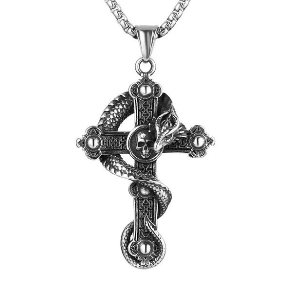 Anhänger Halsketten Silber Edelstahl Herren Gothic Punk Totenkopf Kreuz Vintage Drachen Wickelhalskette Charm Schmuck Geschenk ZubehörAnhänger