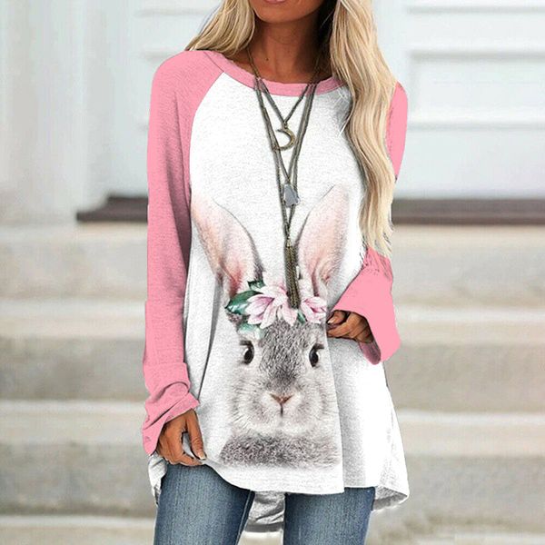 

women's t-shirt women's easter pattern print long sleeve, White