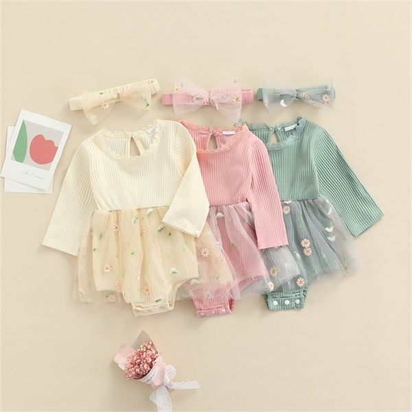 

0-18m baby girls 2pcs fall outfits long sleeve rib knit romper floral tutu dress headband set 220525, Blue