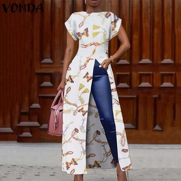 

vonda split hem blouse women split tunic vintage printed long shirts summer dress female casual party plus size blusas y200622, White