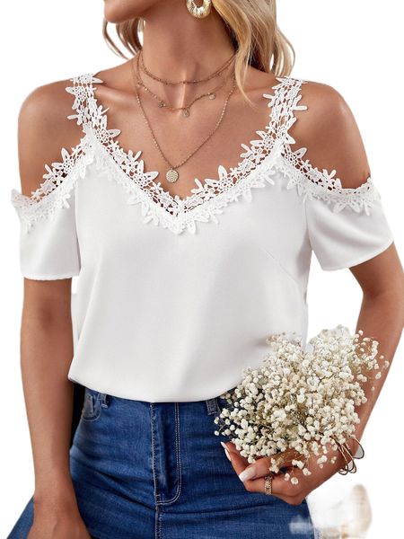 

contrast lace cold shoulder blouse j8hr#, White