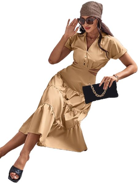 

cut out tie back roll up sleeve ruffle hem shirt dress q3dc#, Black;gray