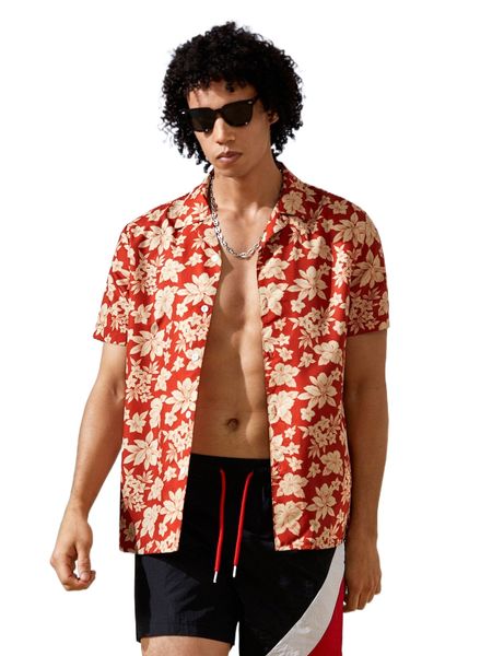 

men floral print lapel neck shirt h9hk#, White;black