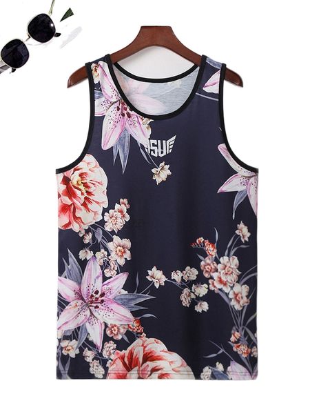 

men letter & floral print tank 39qn#, White;black