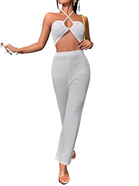 

crisscross tie backless crop halter & pants g5uz#, White