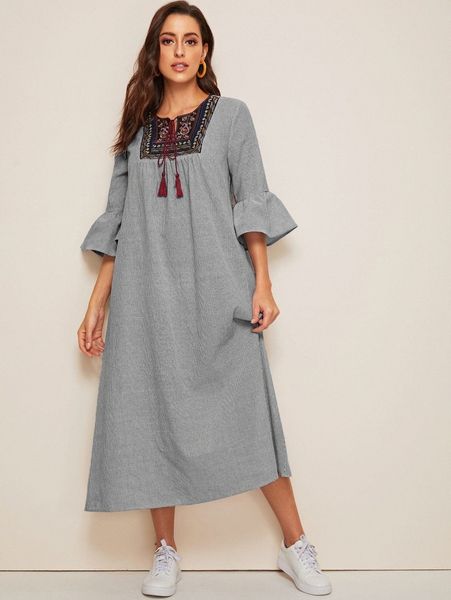 

tassel tie neck embroidered yoke bell sleeve striped dress e1mu#, Black;gray