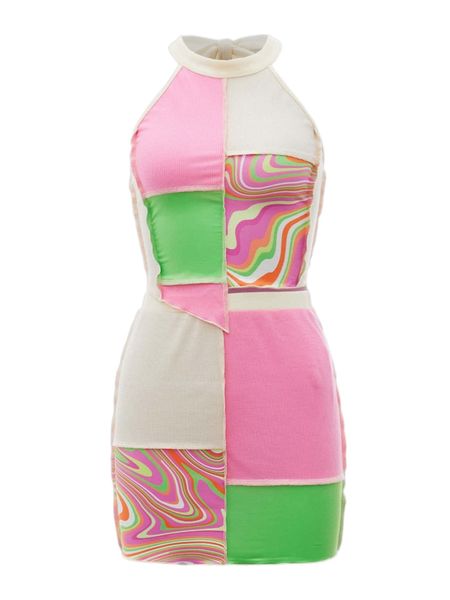 

colorblock stitching tie backless asymmetrical hem crop halter & skirt l9tp#, White
