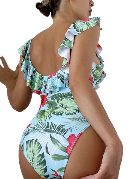 

tropical print ruffle one piece swimsuit m3hg#, White;black