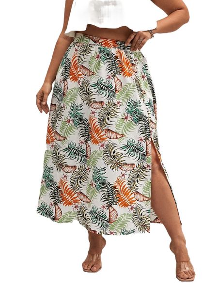 

plus tropical print split hem skirt q5ag#, Black