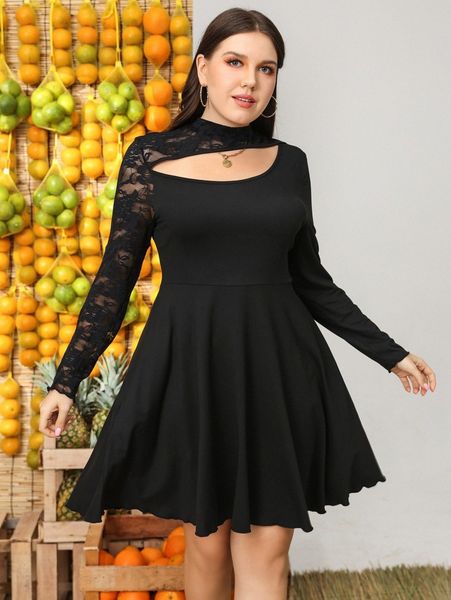 

plus cut out contrast lace dress b6zk#, Black