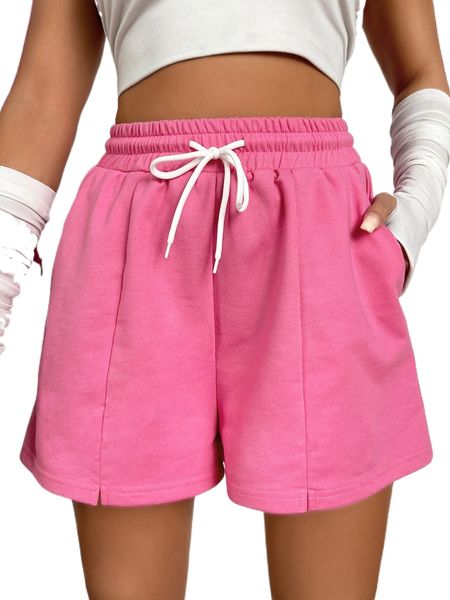 

drawstring waist slant pocket shorts v6c7#, White;black