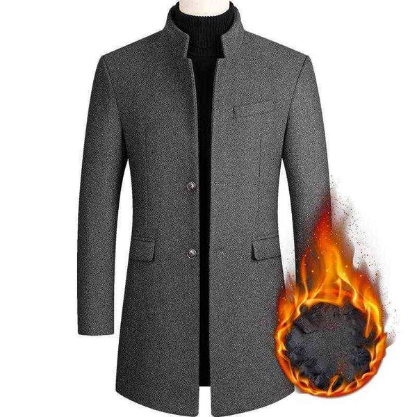

men's wool & blends winter man woolen jacket coat mid-long trench classic solid color printing plus cotton thickening fashion t220810, Black