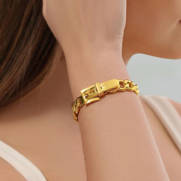 

link, chain fashion cuban link bracelet for women punk girl tone solid metal folding buckle braclet adjustable jewelry mujer pulsera, Black