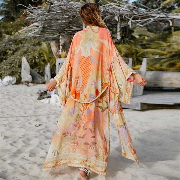 Cardigan kimono stampato a sirena vintage manica a pipistrello Capispalla lungo Summer Beach Cardigan casual allentato Giacche da donna 201210