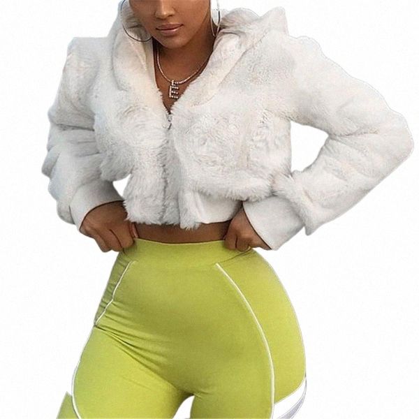 

2019 winter warm coat femme streetwear full flocking faux fur cropped jackets women hooded party white outfits overcoat pr321m c0gm#, Black;brown