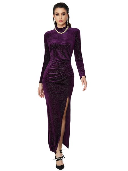 

mock neck ruched split thigh velvet prom dress k6dh#, Black;gray