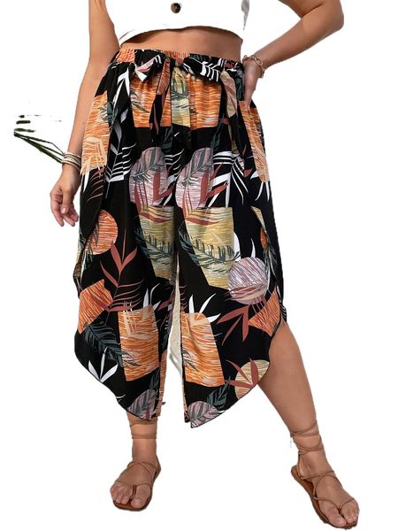 

plus tropical print asymmetrical hem knot front wide leg pants n4ns#, Black