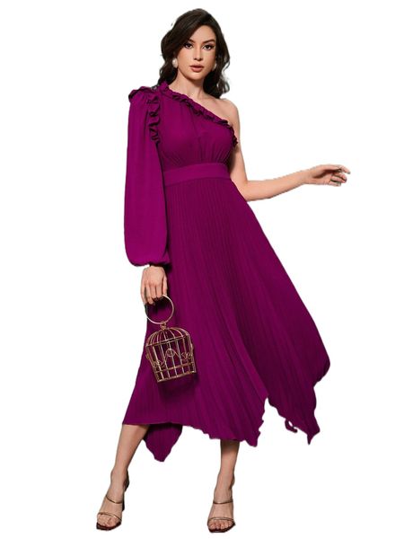 

one shoulder frill trim pleated hem dress y7fc#, Black;gray