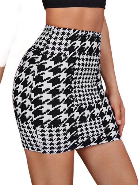 

houndstooth print bodycon skirt 90r8#, Black