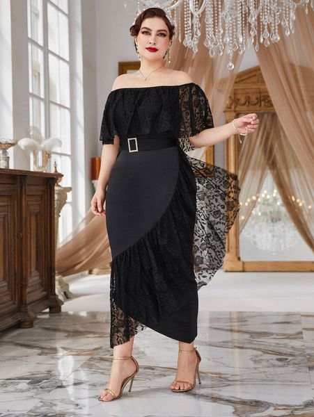 

plus off shoulder contrast lace ruffle trim belted dress k9i3#, Black