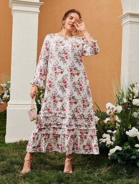 

plus allover floral print frill trim dress 19ew#, Black