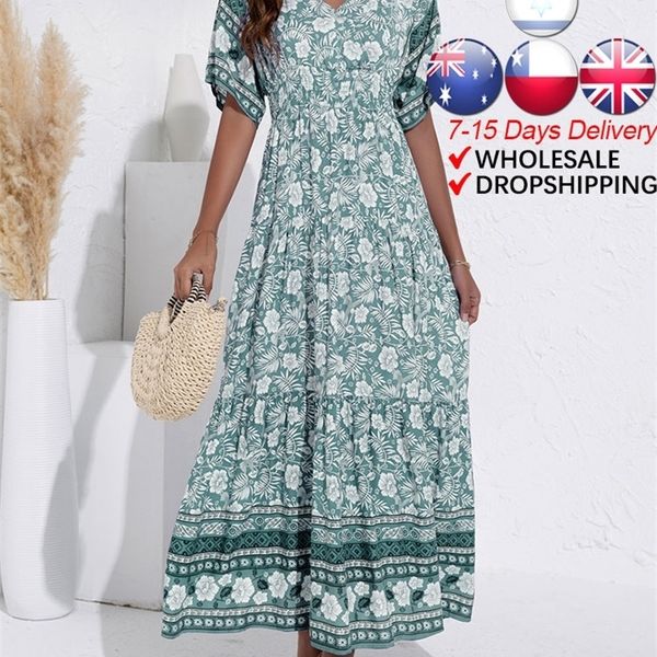 

atuendo summer bohemian dress for women fashion solid green maxi robe casual wedding guest high waist dresses drop link 220330, Black;gray