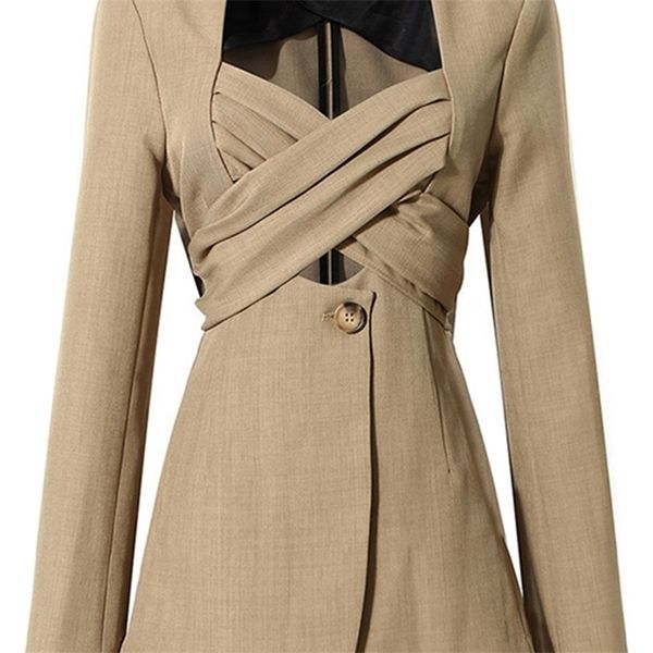 

[eam] women khaki bow cross bandage blazer v-neck long sleeve loose fit jacket fashion spring autumn 1dd3607 220402, White;black